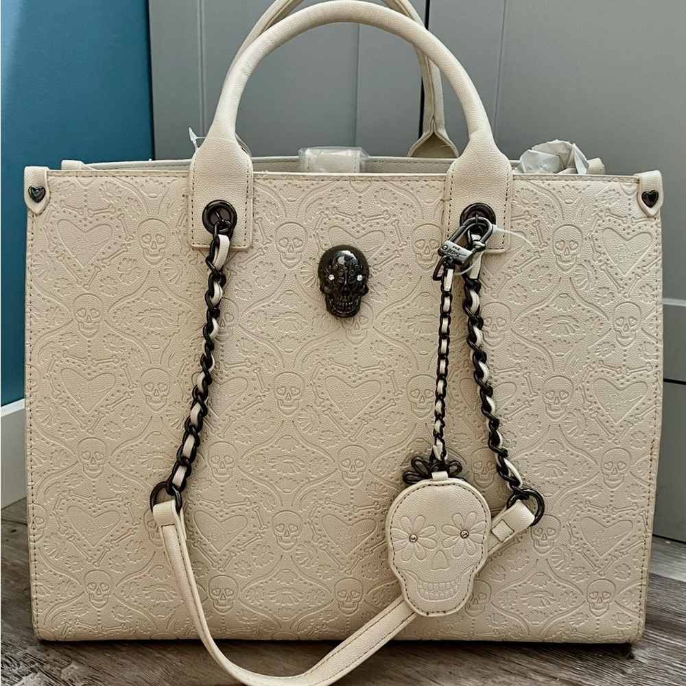 Betsey Johnson Cream Tote with Skull Charm